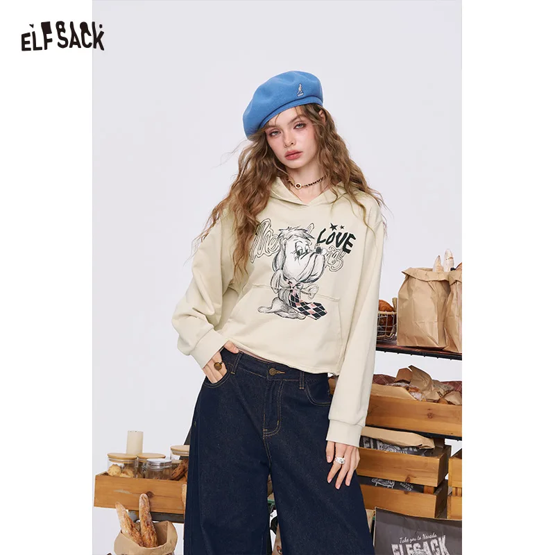 ELFSACK 2025 Autumn New Arrival Casual American Print Hoodie Petite Lightweight Cropped Sweatshirt For Woman