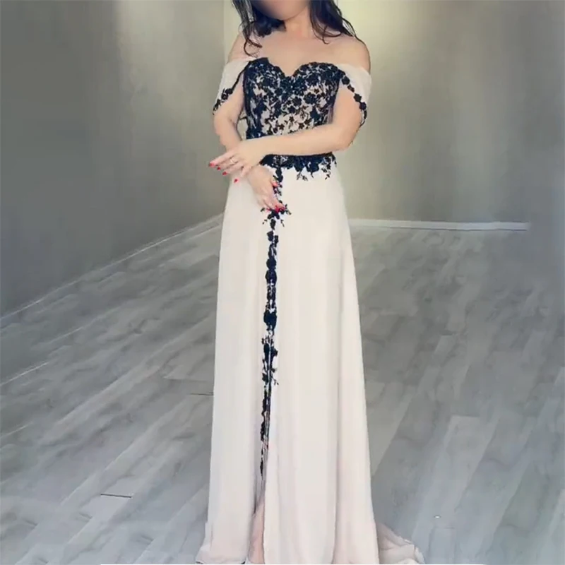 Black Lace Appliques Evening Dresses Off the shoulder Cloak Chiffon Prom Dresses Celebrity Customized Gowns