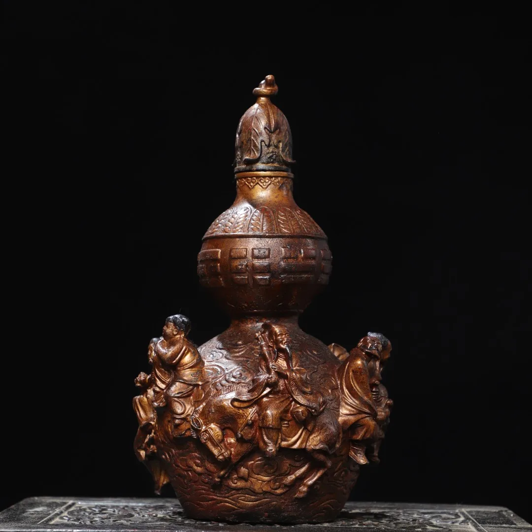 Old Bronze Cinnabar Gilded The Eight Immortals Crossing the Sea Statue Town house gourd Calabash Amass wealth Ornaments Exorcism