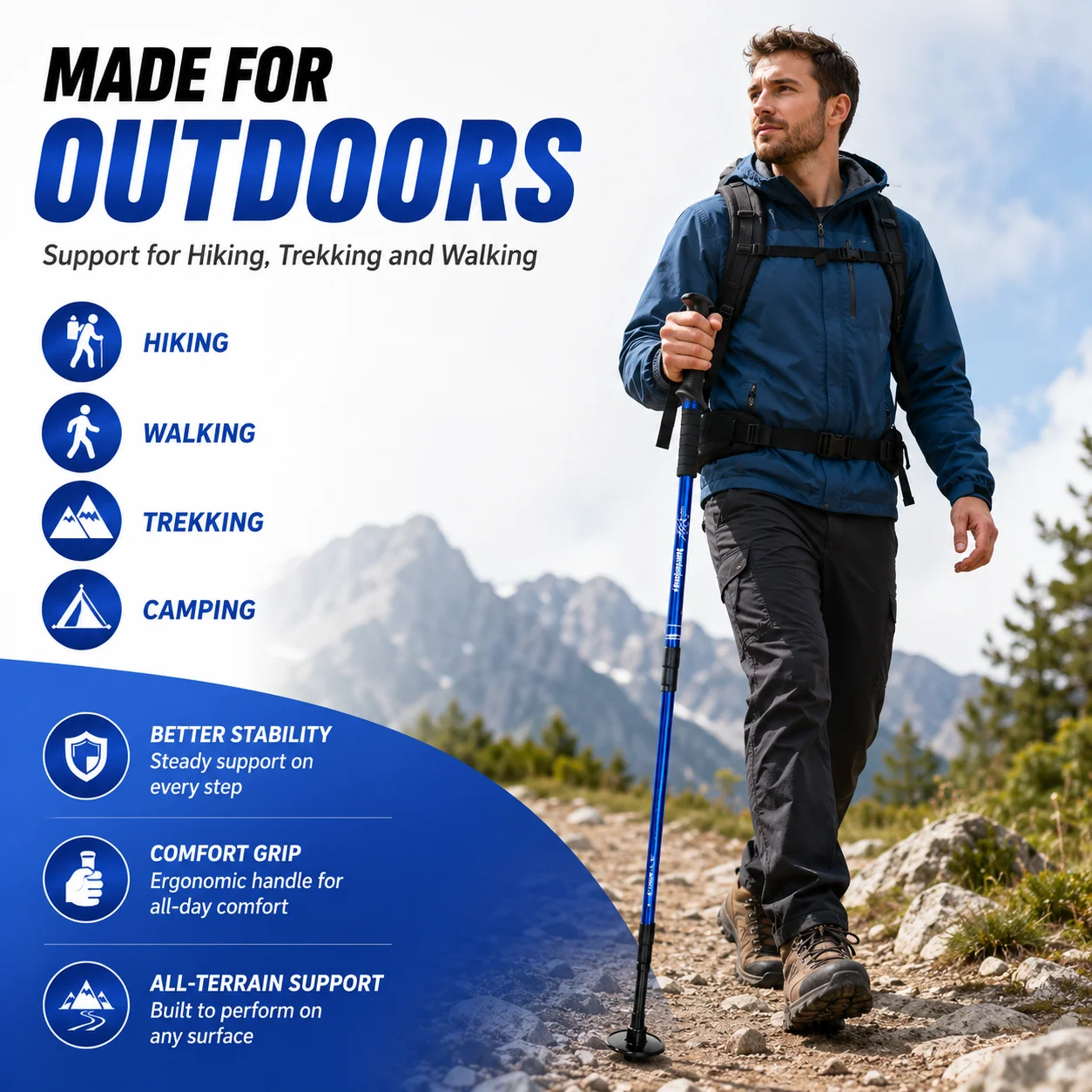 Adjustable Walking Cane Foldable Trekking Pole Lightweight Aluminum Hiking Stick Anti Slip Tip Travel Support for Senior Outdoor