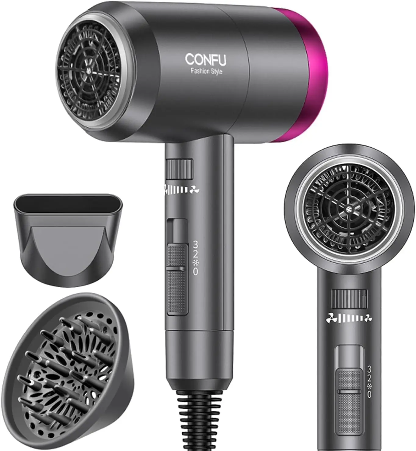

1600W Ionic Hair Dryer, Lightweight Fast Drying, 3 Heat Settings & Infinite Speed, with Diffuser & Nozzle for Home Travel