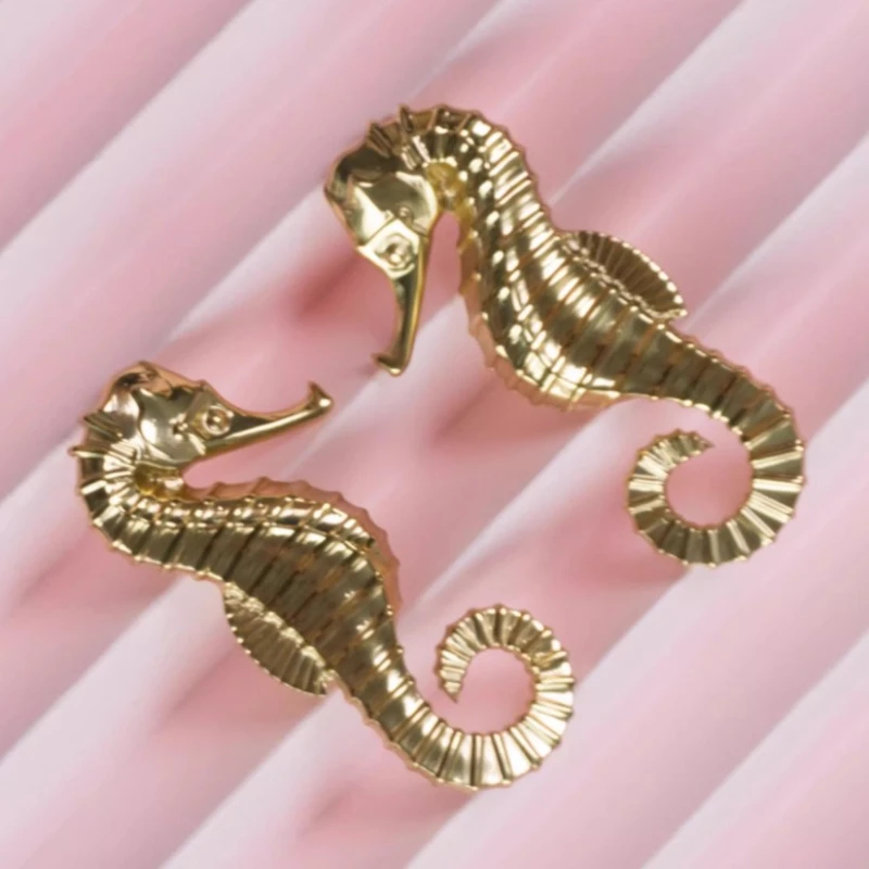 Kenop Kuningan Perlengkapan Furnitur Seri Laut Mediterania, Gagang Kabinet Kuningan Nordik Vintage, Gagang Tarik Kuningan Motif Kuda Laut