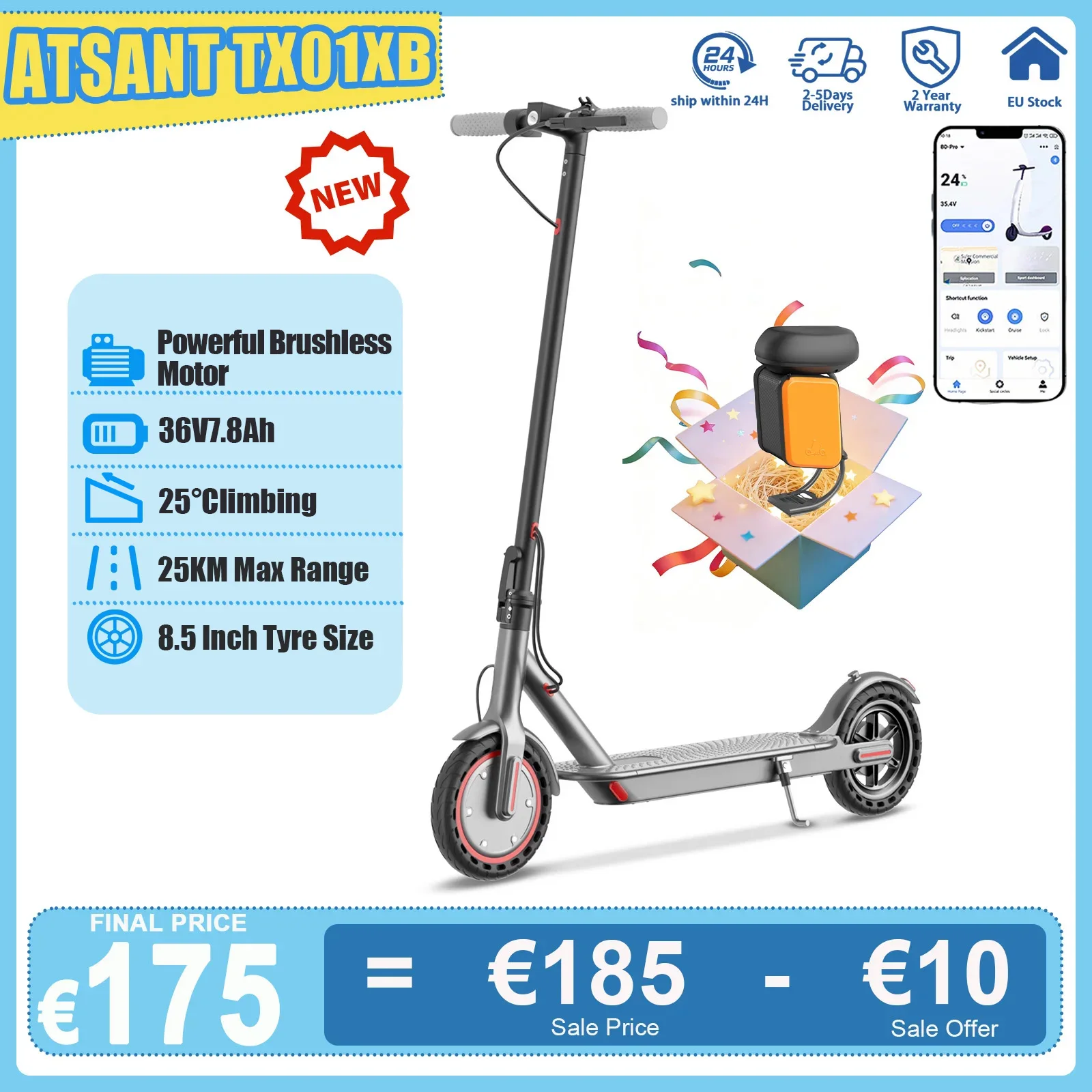 Trottinette électrique pour adultes ATSANT TX01XB avec boîte de rangement de grande capacité, moteur puissant, autonomie de 36V 25KM, trottinette électrique intelligente de 8,5 pouces