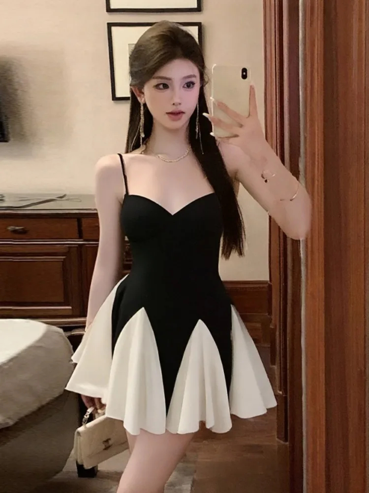 

Slim Fit Color Block Waist Cinched Short Dress Women's Black White Contrast Dress Korean Style Commute Suitable for All Body ...