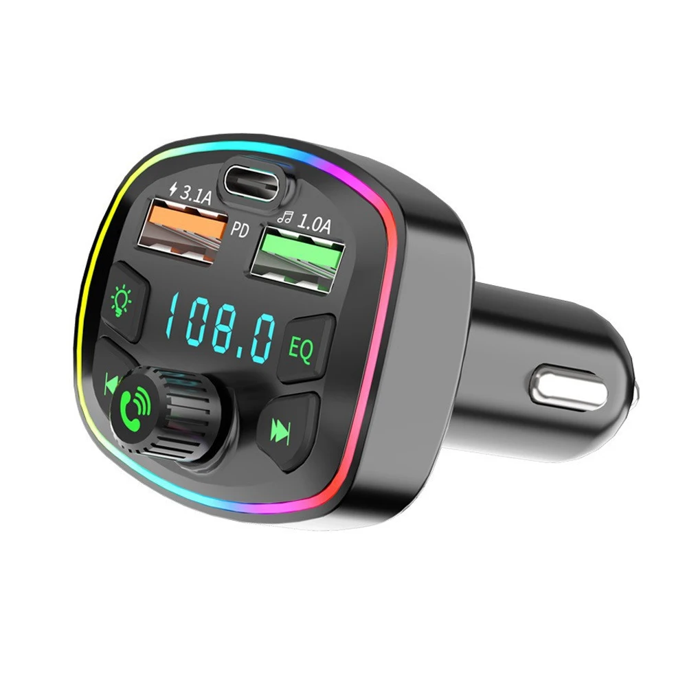 HOT Car Bluetooth-Compatible 5.0 FM Transmitter PD 18W Type-C Dual USB Fast Charger Colorful Ambient Light Cigarette Lighter