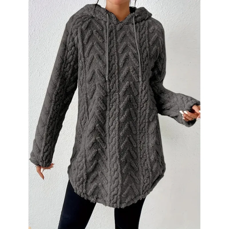 2025 Women's Solid Color Hooded Jacquard Long Sleeved Sweatshirt Jacket Slim Fit Drawstring Fur Sweatshirt