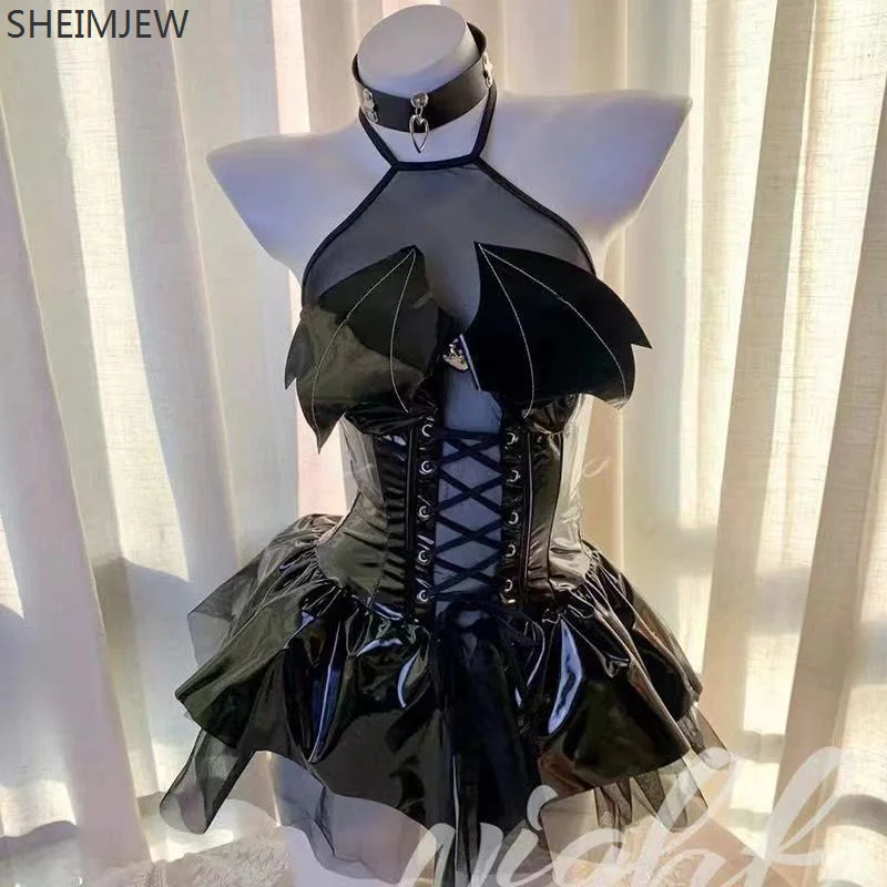 Halloween Girl Little Devil Magic Witch Cosplay Dress Women Bat Demon Black Mesh Leather Unifrom Carnival Party Stage Show Suits