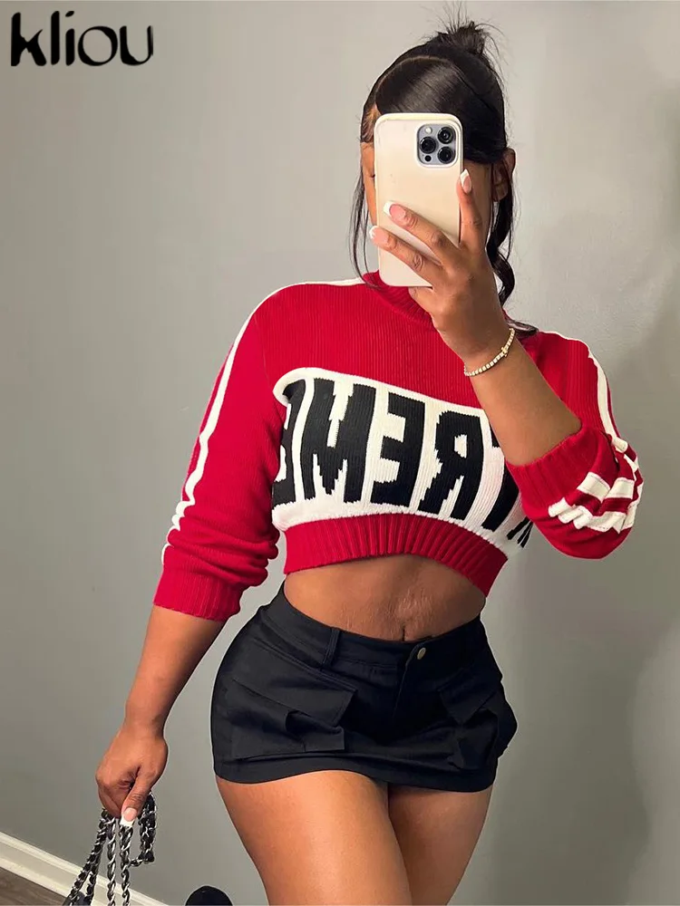 kliou Knitted Letter Contrast Color Sweater Women Casual Winter Long Sleeve Skinny Basic Crew Neck Crop Tops Female Streetwear