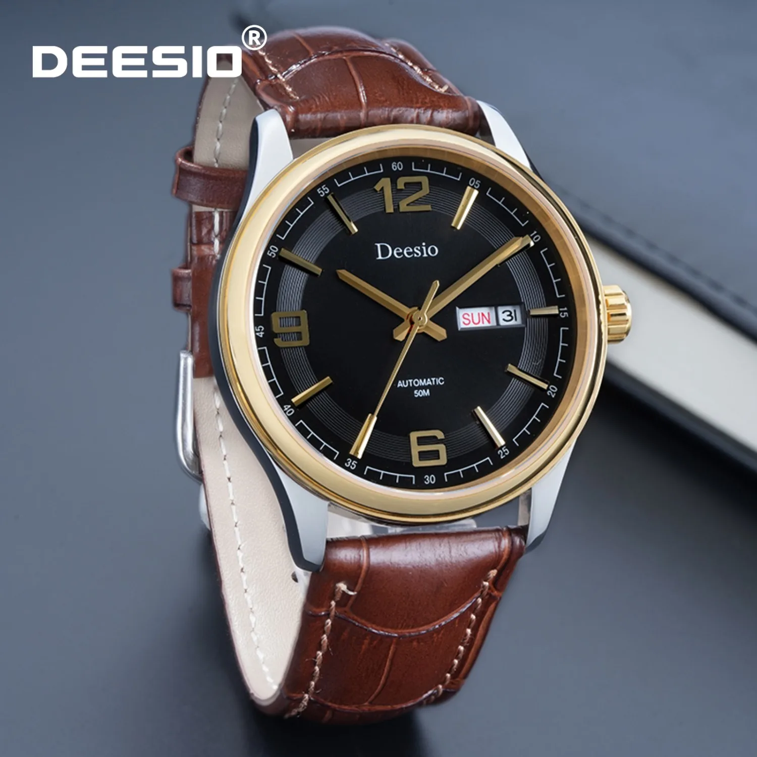 

Deesio Fashion Casual Sports Leather Strap Watch, Men's Automatic Mechanical Watch, Stainless Steel Case, Dual Calendar Display