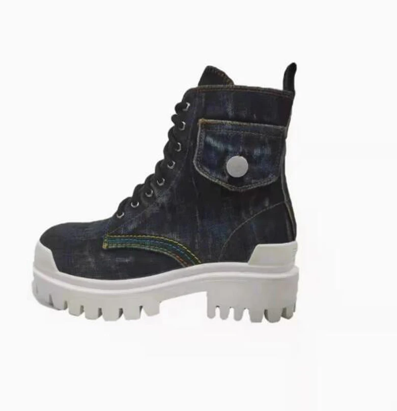 Popular Blue Denim Cloth Side Pocket Cover Motorcycle Boots Antiskid Thick Sole Jeans Round Toe Vintage Cowboy Boots Woman image 2