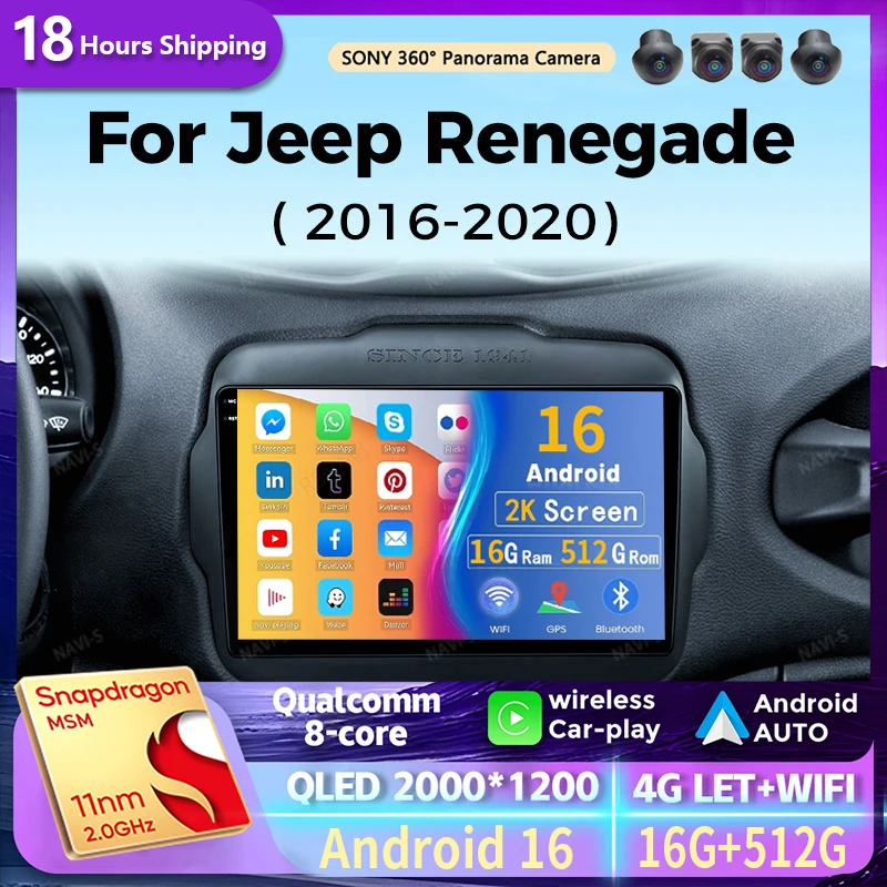 

Android 16 Multimedia Player For Jeep Renegade 2016-2020 Carplay Android Auto Car Radio Stereo 4G Wifi 360 camera head unit DVD