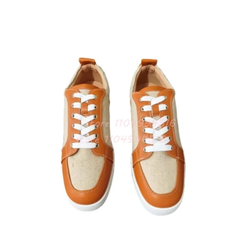 البرتقال المرقعة تنفس الرجال أحذية رياضية جولة تو الدانتيل متابعة حذاء كاجوال 2025 الذكور موضة فاخرة الشقق فستان الحفلات نسج الأحذية #6