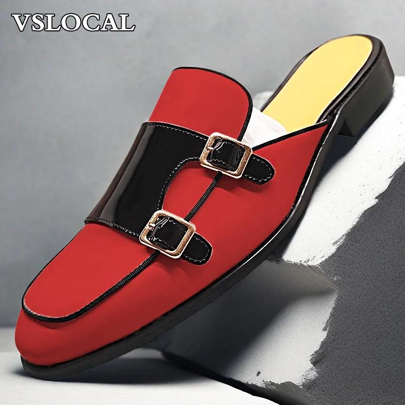 

Luxury Brand Men's Mules Half Shoes Red Black White Casual Mens Dress Shoes Summer Comfortable Real Leather Shoes Men