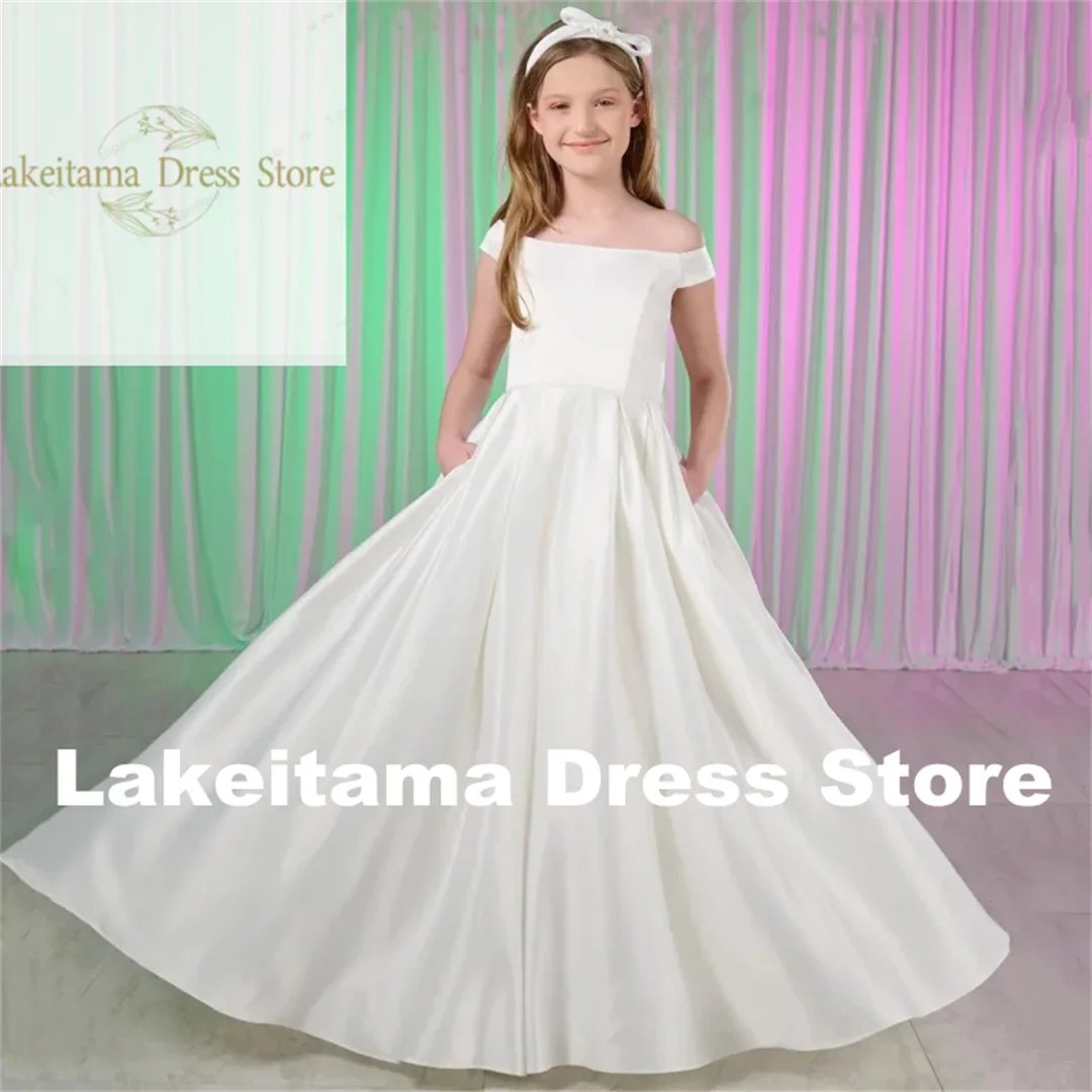 Customization Flower Girl Dresses White Satin Solid With Bow Sleevelesss For Wedding Birthday Party Banquet Holy Communion Gowns