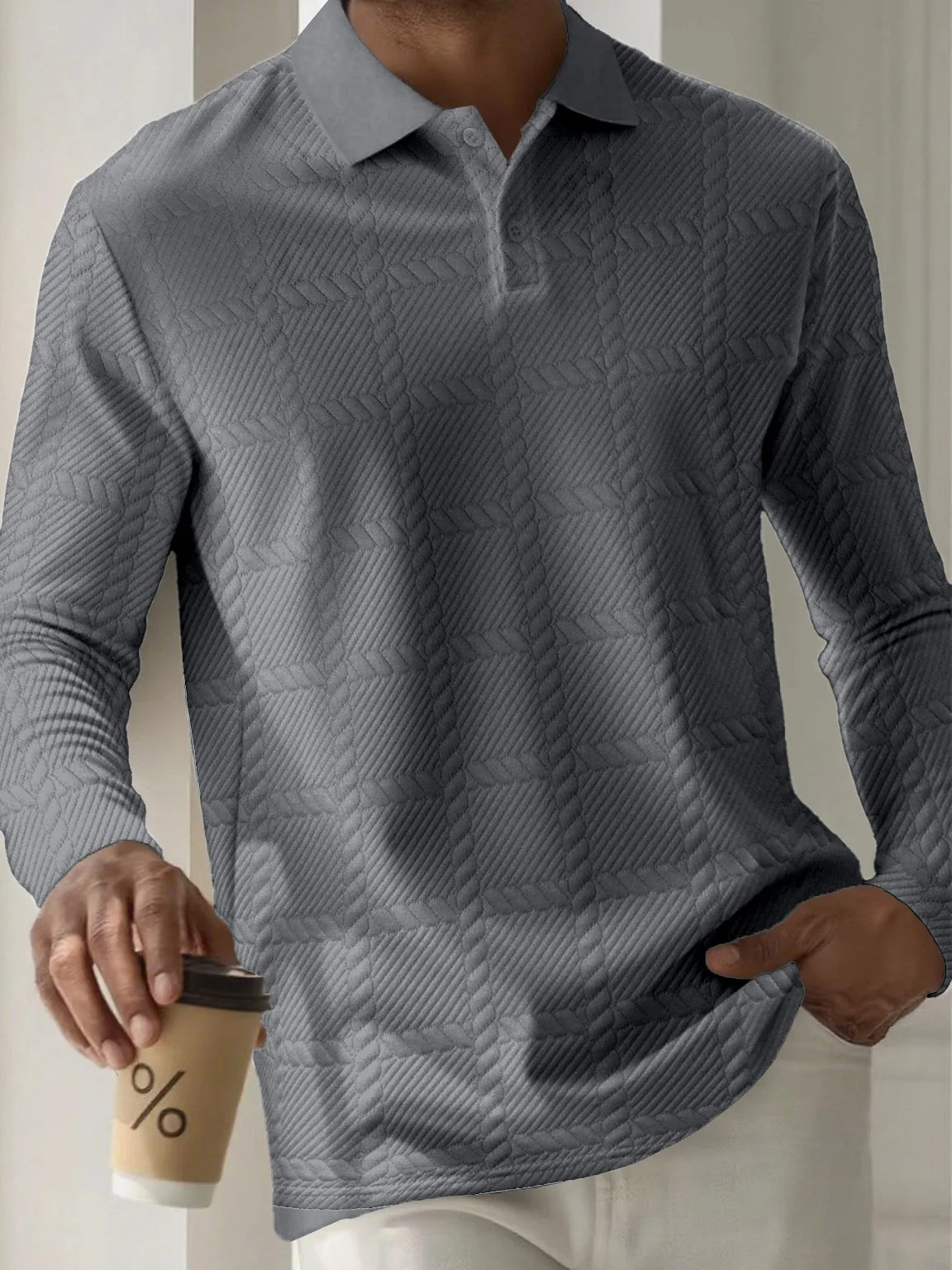 Winter and autumn men's polo shirt with check pattern, trendy solid color, casual collar, button fastening, long sleeve top