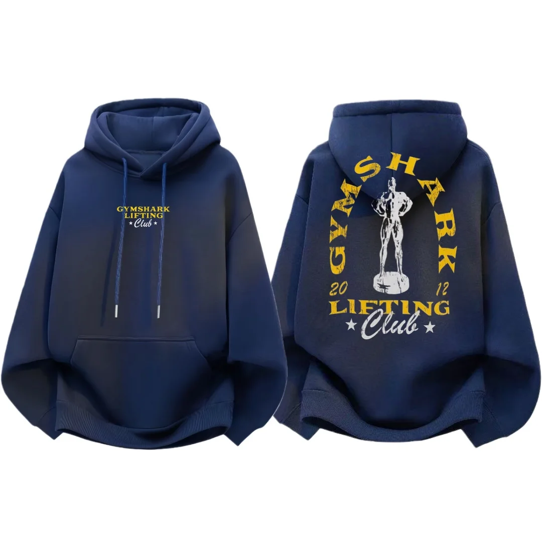 GYM SHARK Men's Loose Fitness Hoodie Hoodie, Retro Fitness Trophy Pattern Print, Loose Sports Hoodie