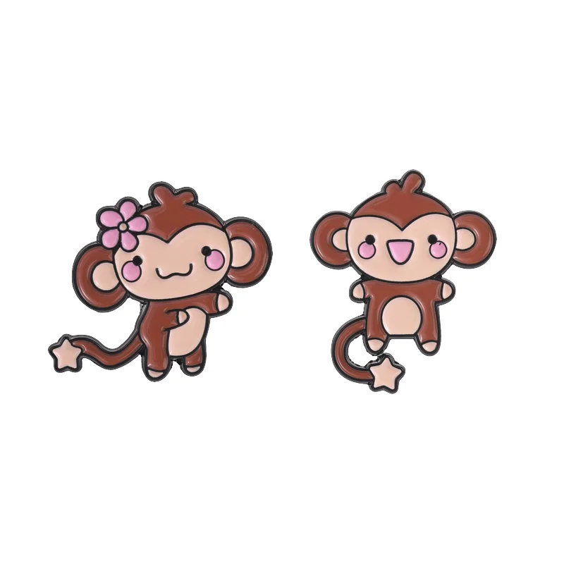 Cartoon Couple Monkey Enamel Pin Cute Playful Female Monkey With Pink Flower Brooch for Best Friends Couples Bag Decoration Gift