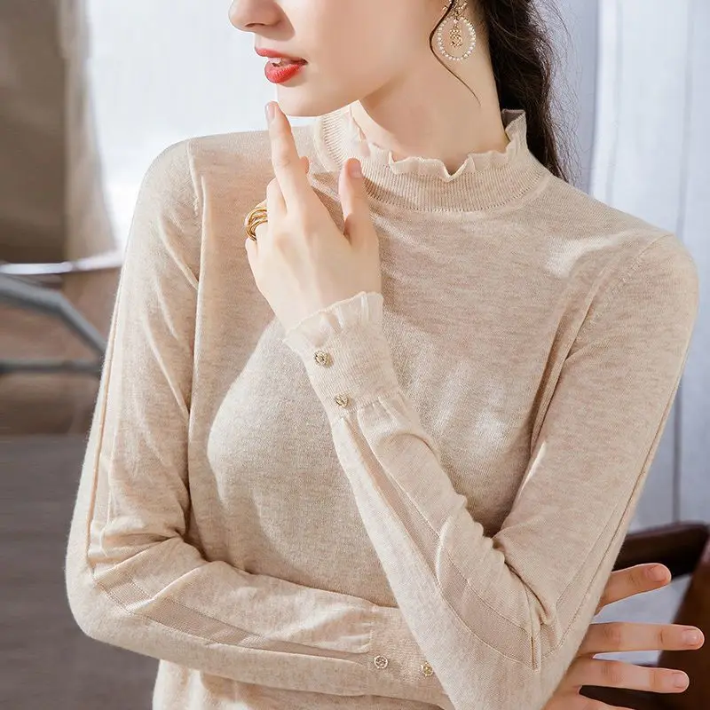 Half Height Collar Knitting Pullovers Ladies Spring Autumn New Interior Lapping Fashionable Ruffles Bottoming Shirt Elegant Tops