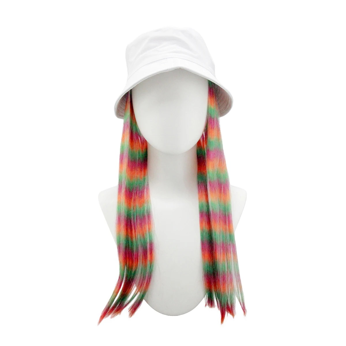 Rainbow Stripe Long Straight Synthetic Wig White Bucket Hat Hippie Carnival Halloween Cosplay Festival Party Costume Hair