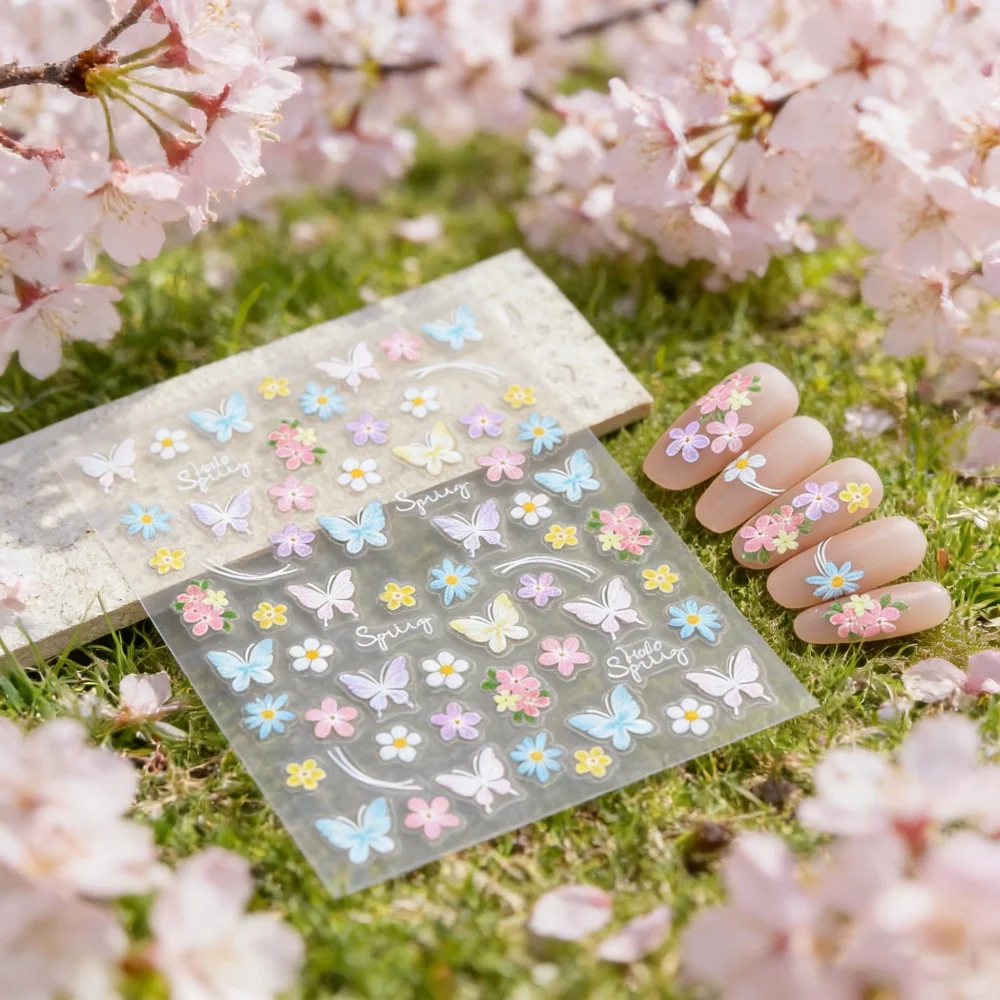 

1pc 5D Dopamine Tulip Flower Nail Stickers Pastel Floral Butterfly Patterns Relief Nails Decals Colorful Gradient Flower Sticker