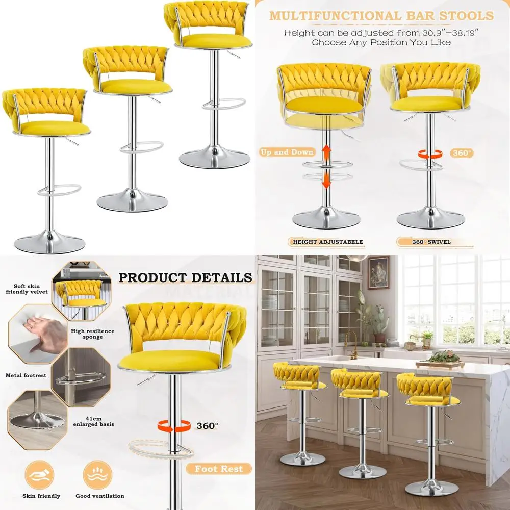 Modern Velvet Swivel Bar Stools Set of 3, Silver Base Kitchen Island Seats, Seat Height A, 360° Rotation Chairs
