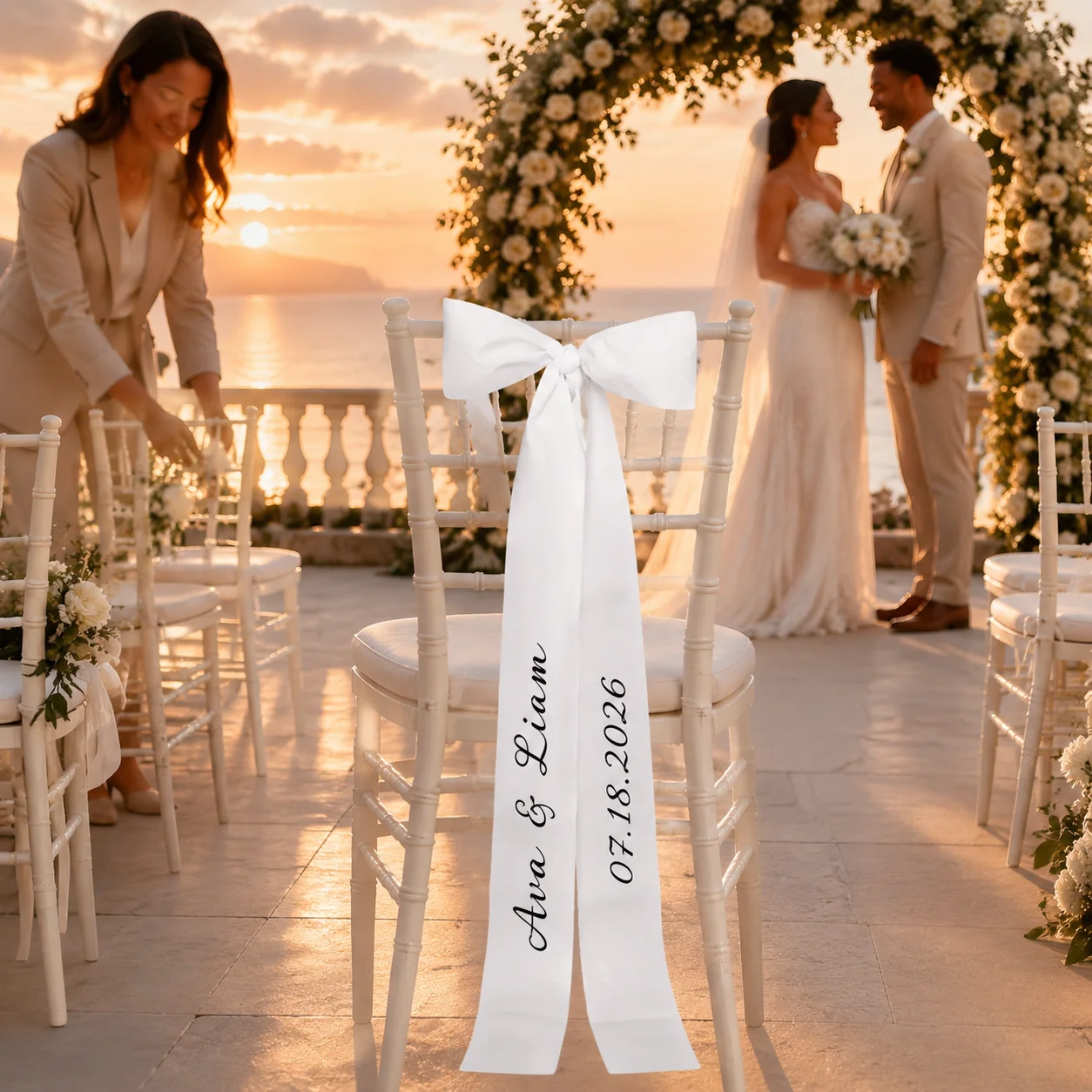 Personalized Wedding Chair Ribbon Custom Name Seating Bow for Wedding Sign Bridal Party Reception Ceremony Chair Decoration view 3