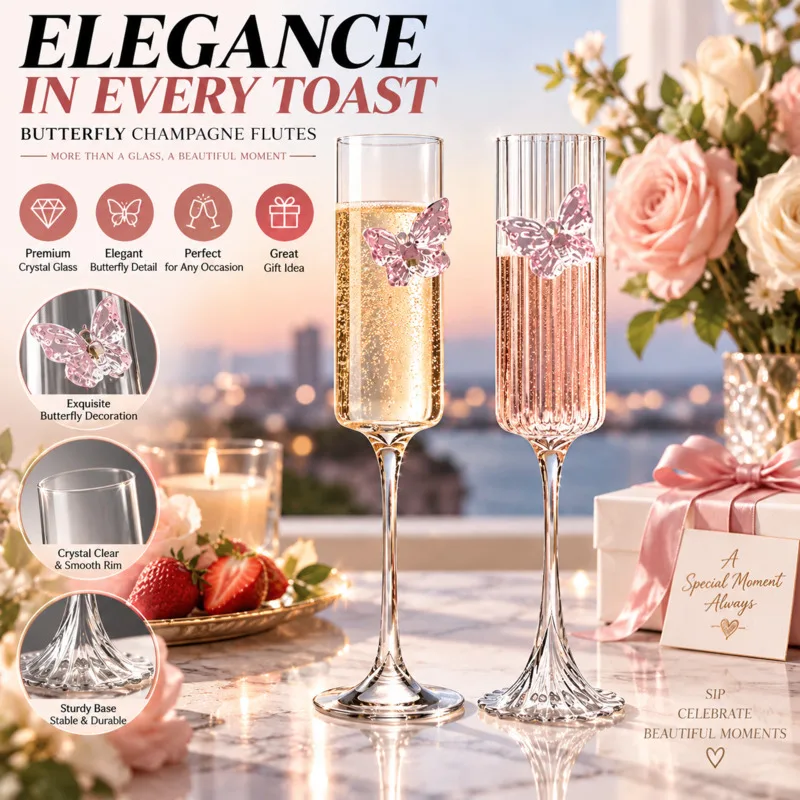 Pink Butterfly Champagne Flute High Borosilicate Glass Wine Goblet, Cute Cocktail Cup Wedding Party Home Table Decor, Ideal Gift