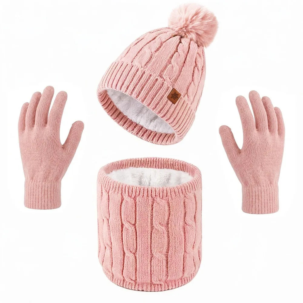 3Pcs/Set Warm Winter Hat Scarf Gloves Set Lining Windproof Scarf Neck Warmer Suit Thicken Soft Touchscreen Gloves for Men Women