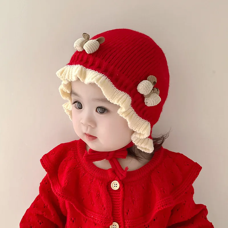 Korean Ruffle Baby Knitted Hat Winter Warm Toddler Ear Protection Cap Cute Solid Color Bow Kids Lacing Hats Bonnet