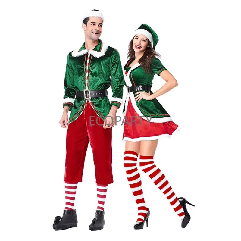 Men Christmas Santa Claus Costume Green Elf Cosplay Family Christmas Party New Year Fancy Dress Clothes Set For Adult