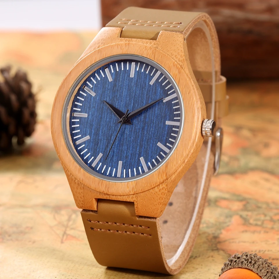 Men's Watches Fashion Blue Dial Simple Leather Band Quartz Wristwatch Bamboo Wooden Watch Male Present a Gift for Men Husband