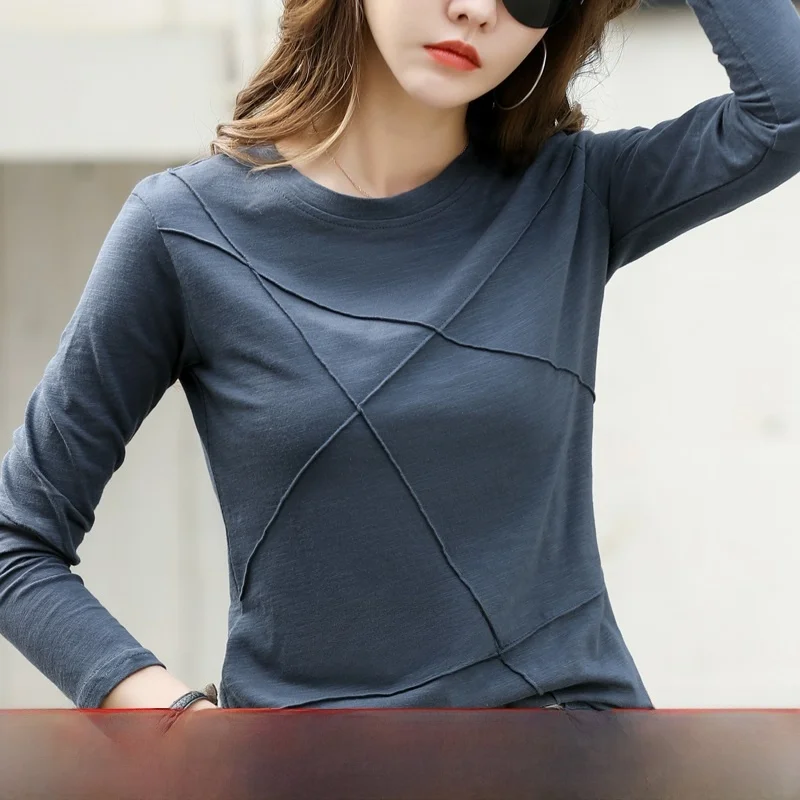 

Женская футболка из чистого хлопка Long Sve, большой размер, корейский свободный крой, классический узор, круглый, весна-осень S