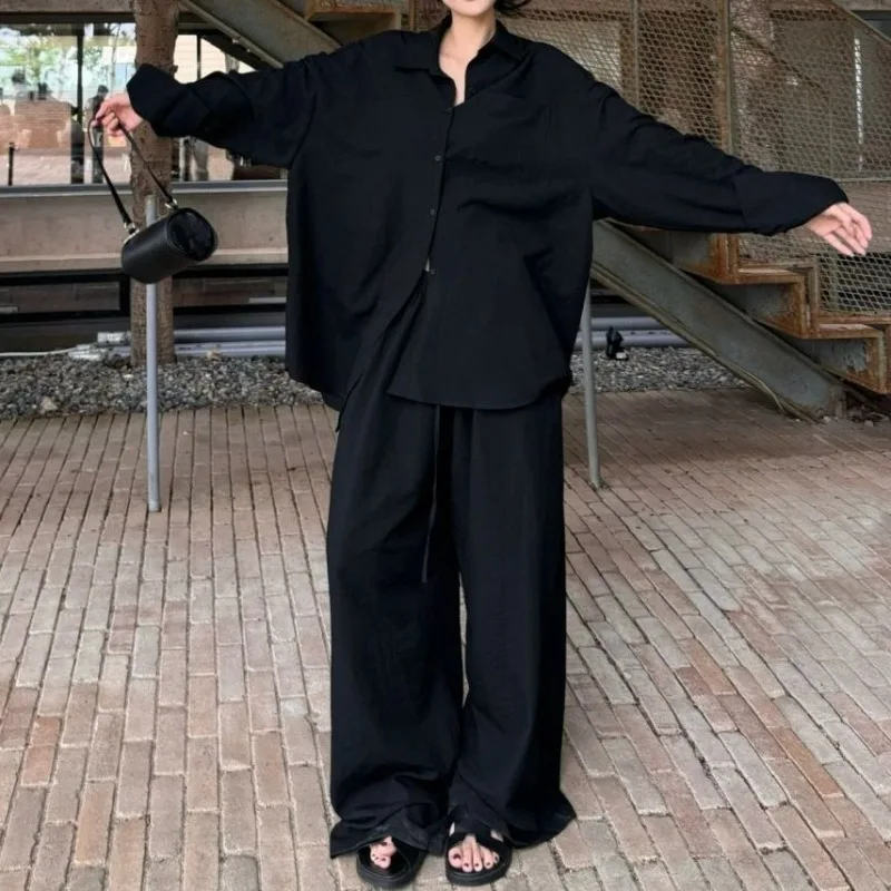 Temperamento blanco Polo Collar camisa Top Slack traje ropa de mujer moda de verano Casual pantalones de pierna ancha conjunto de dos piezas 2025