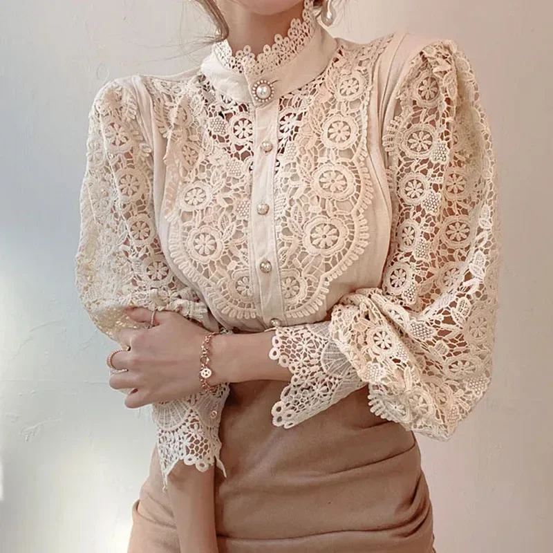 Fashion Long Sleeve Women Blouse Hollow Out Lace Blouse Shirt Tops Women Blusas Mujer De Moda 2024 Blouses Femme Women Shirts