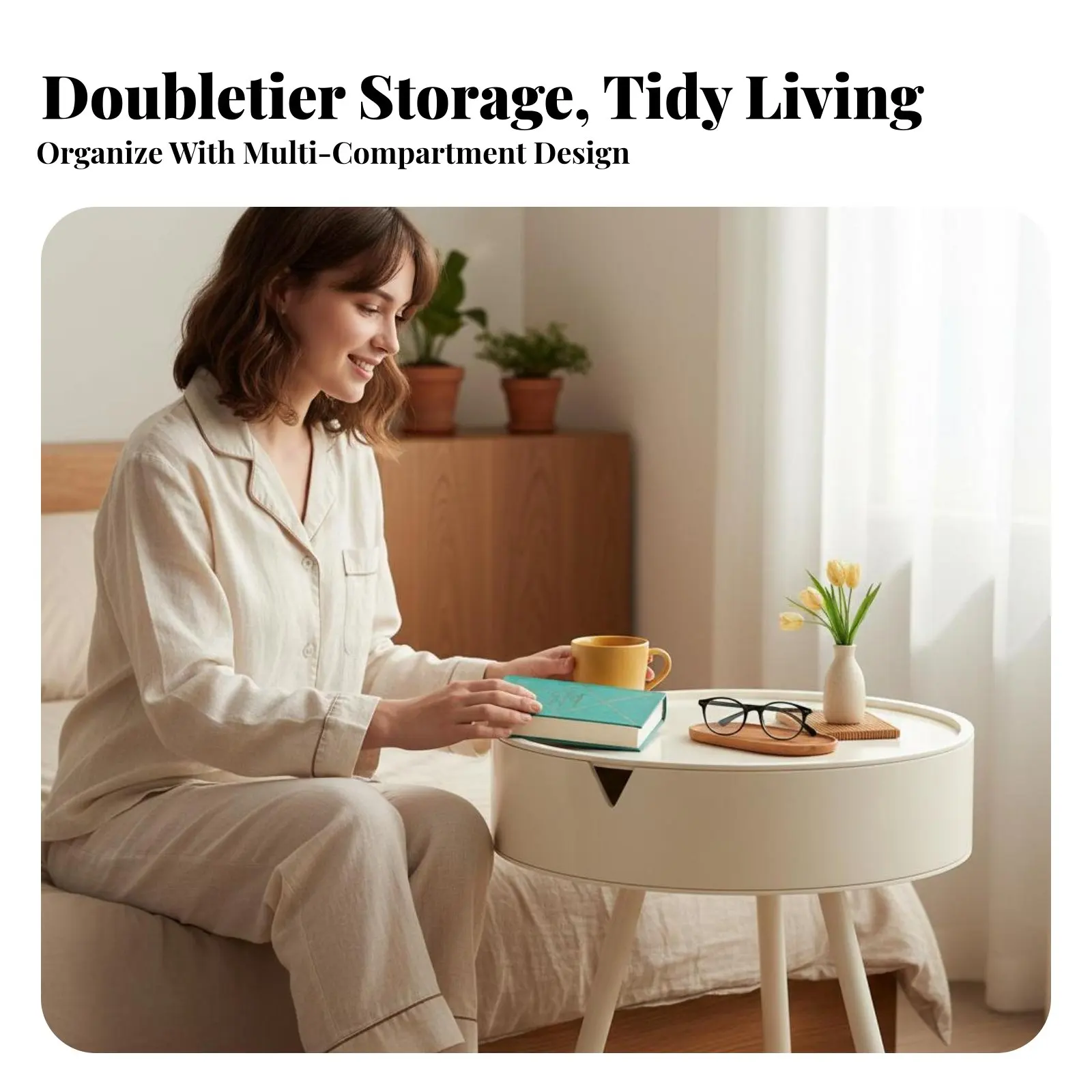 

C-Shaped Bedside Table Cream Aesthetic Bedside Tabletand Minimalist Design Integrated Storage for Apartment Dwellers, Students
