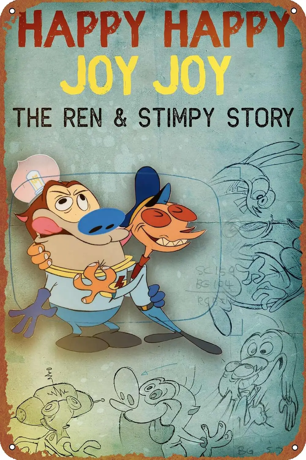 Happy Happy Joy Joy: The Ren & Stimpy Story Funny Metal Tin Sign Vintage Black Wall Art Decoration Living Room Bathroom Kitc