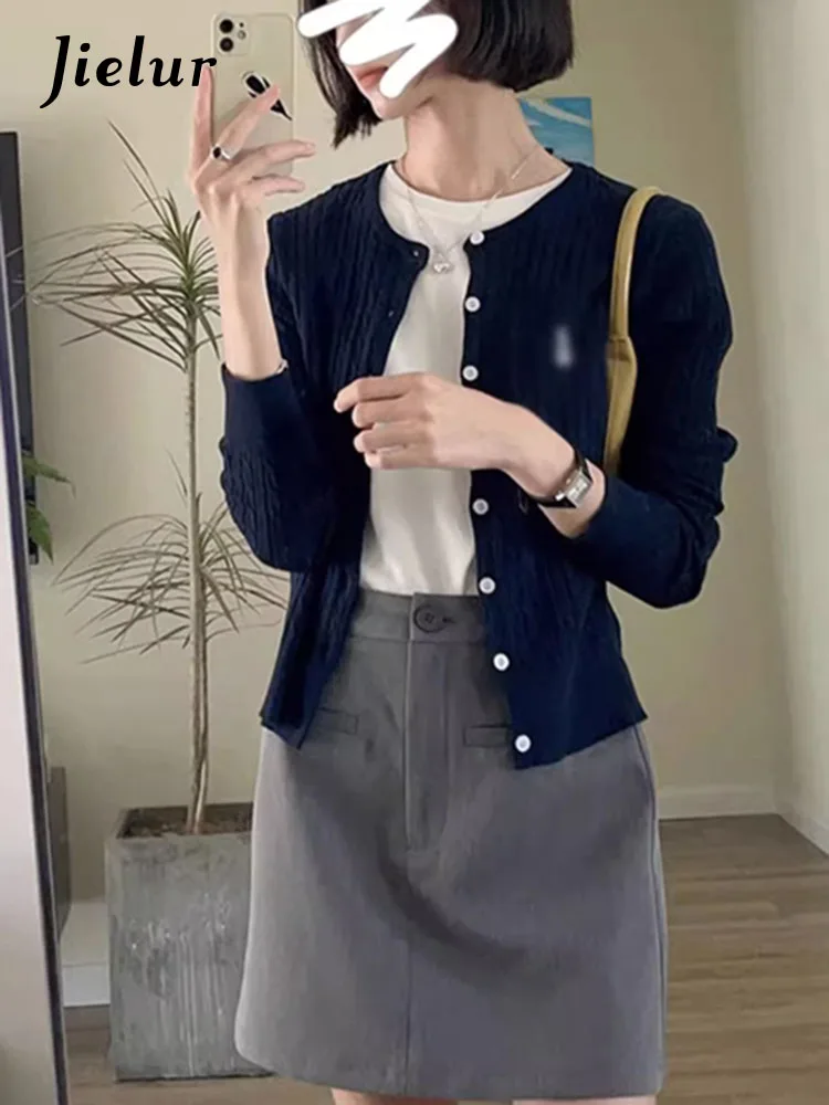 Jielur Autumn New Solid Color Slim Women Cardigan Casual Loose Fashion Cardigan Woman Grey Navy Blue Knitted Sweaters Female