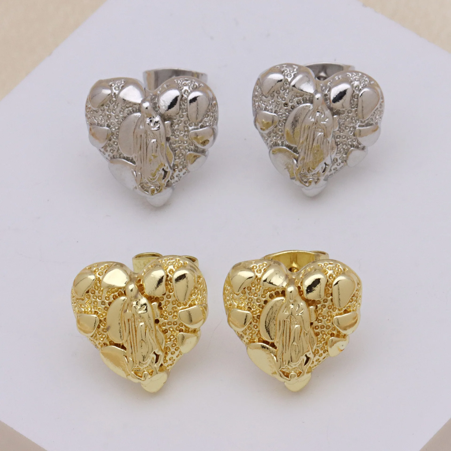 Hip Hop Women's Gold Nugget Virgin Mary Heart Earring Brass Jewelry Fashionable Religious Charm Ear Cuff