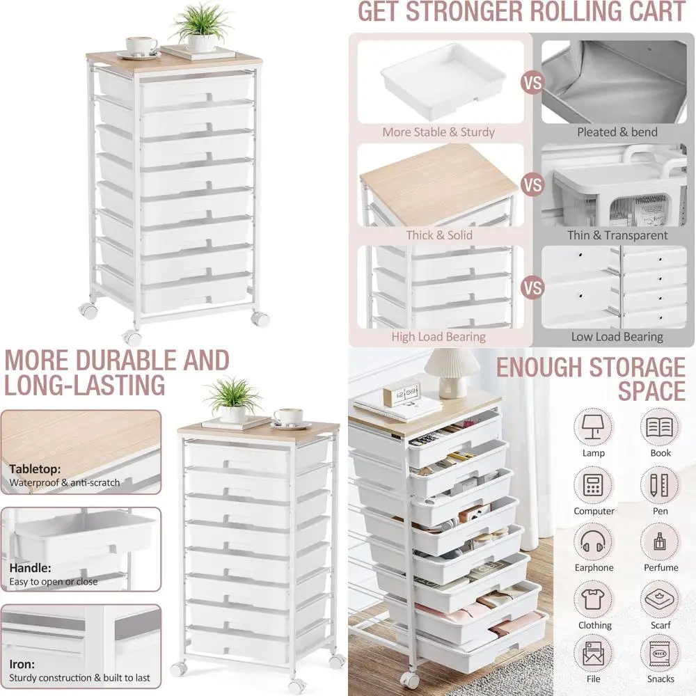 

8-Drawer Storage Cart with White and Wooden Utility Trolley for Classroom Organization