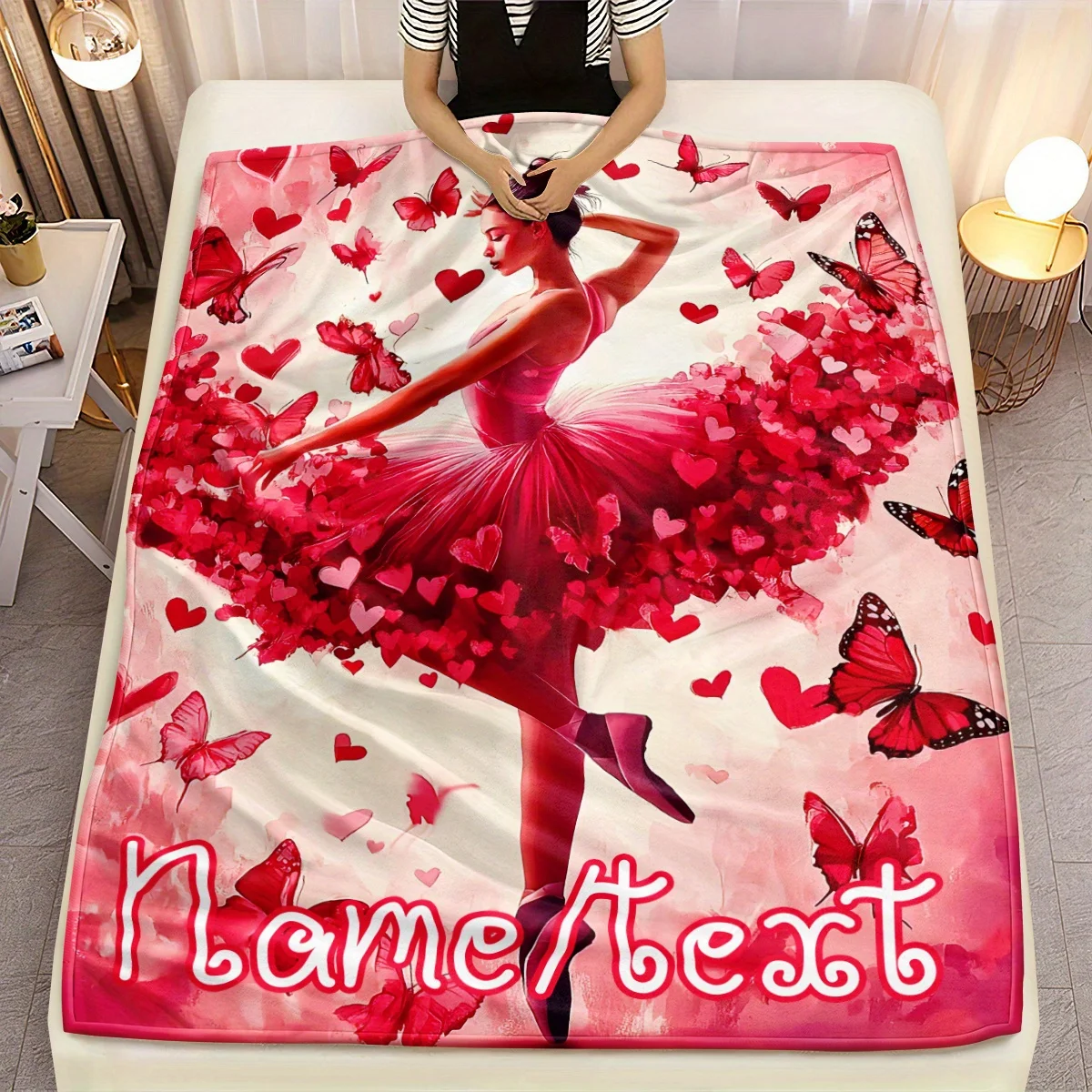 

Personalized Pink Butterfly Ballet Girl Blanket - Soft flannel blanket with customized name, dreamy ballet girl with butterfly d