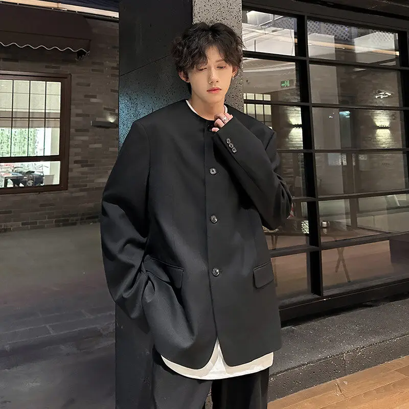 

Весенний модный мужской пиджак без воротника с подплечниками, на одной пуговице, в простом новом китайском стиле, элегантный, в западном стиле.
