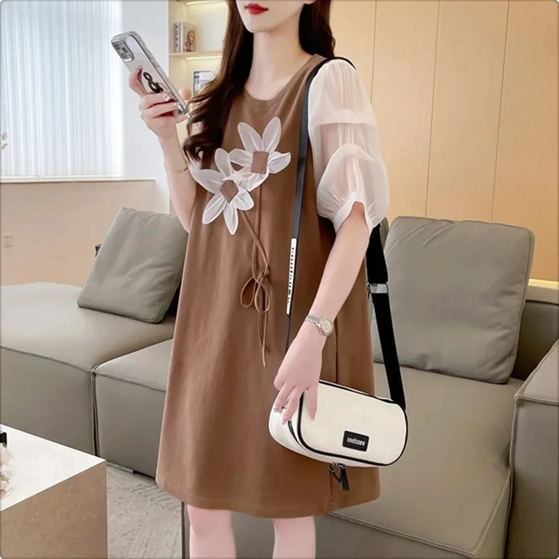 夏の新 2025 ドレス女性ファッションミディアムからロングステッチコットン半袖 Tシャツ韓国カジュアルルーズトップ女性。