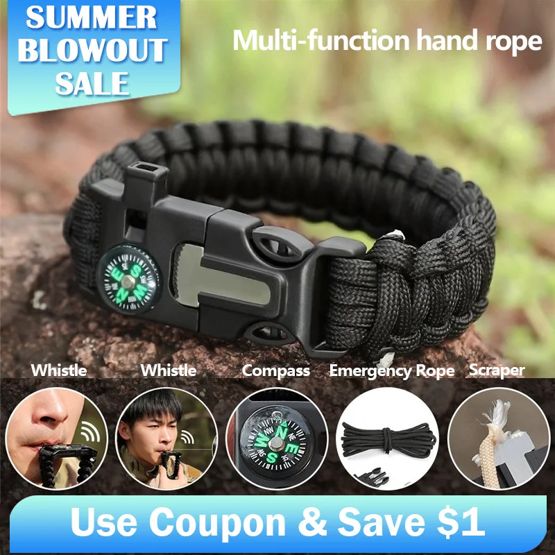 

Seven-core Four-in-one multi-function Emergency Bracelet Compass Outdoor Hiking Camping Emergency Hand Rope