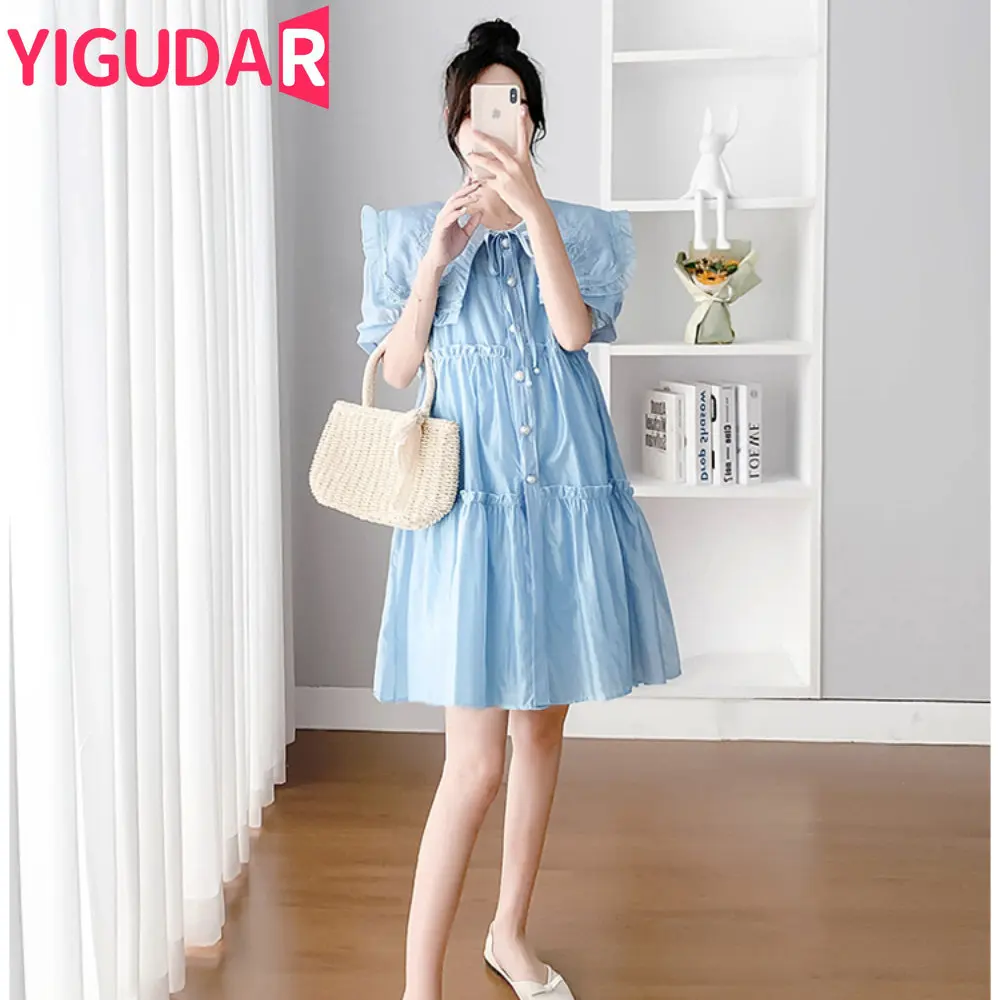 Summer Maternity Dresses Women French Vintage Loose Puff Sleeve Elegant Pleated Photography Dresses Pregnancy Clothes vestido