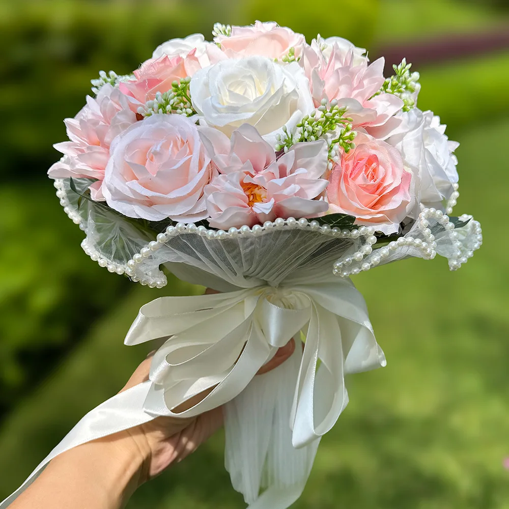 Rose Bouquets for Bride, White Mesh Decor Artificial Flower Bouquet for Outdoor Wedding, Valentine's Day，Engagement Parties