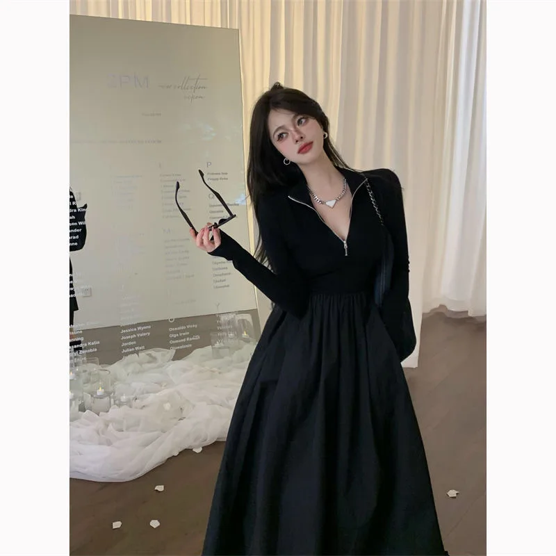 Black Spicy Girl Long Sleeve Pure Desire Patchwork Dress Women's Autumn Hepburn Style Waist Cinched Elegant Midi Skirt