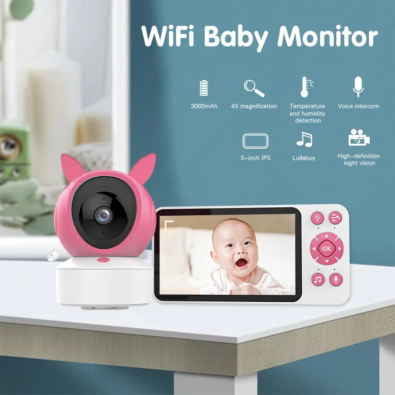 Tuya Smart WiFi Monitores do Bebê, Lembrete de Temperatura, Movimento, Detecção de Som, Controle App View, Áudio, Vídeo, Câmera, 1080P, 5"