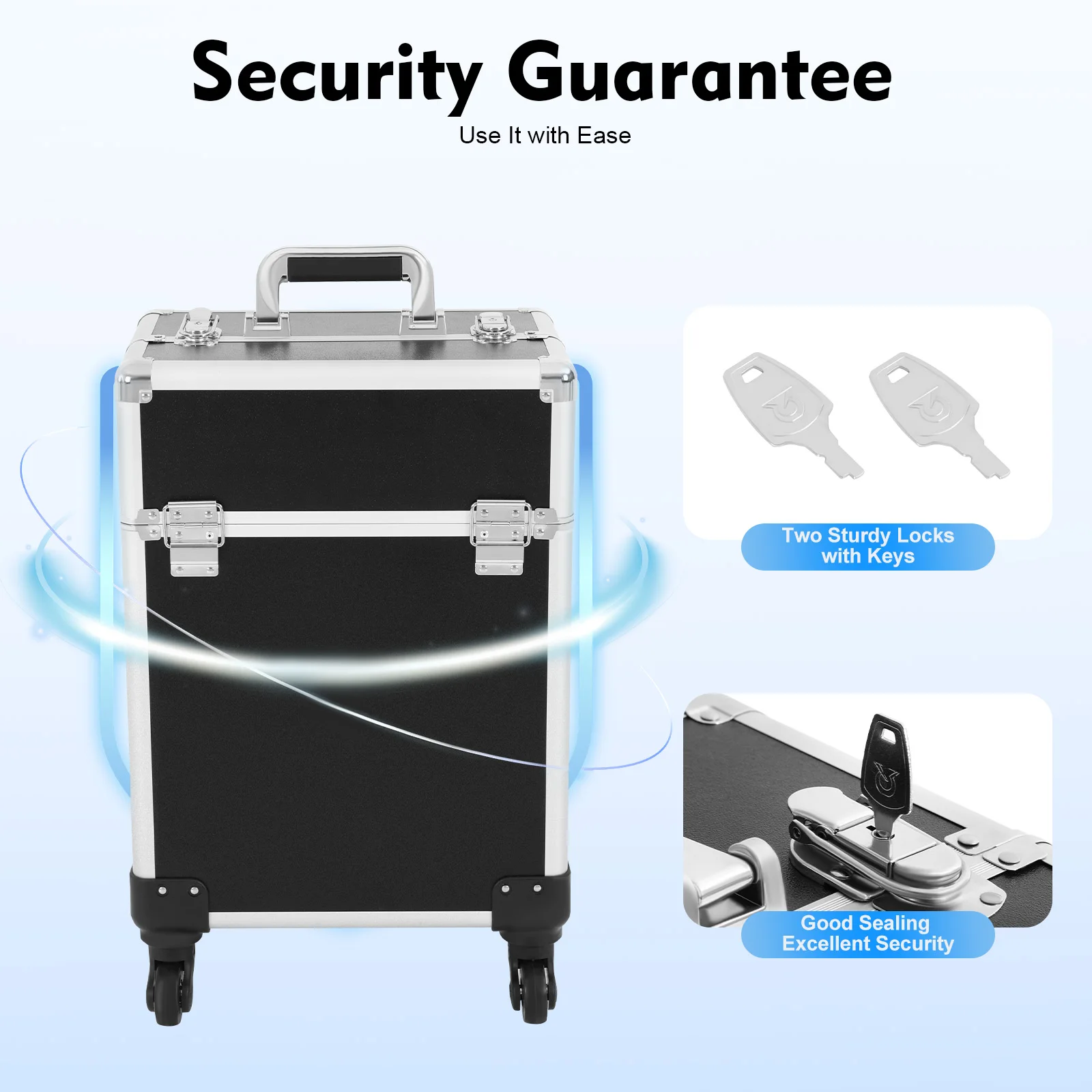 

Black Rolling Makeup Travel Case Modern Cosmetic Trolley with Keys Hairdressing Case Aluminum Alloy Professional Makeup Storage