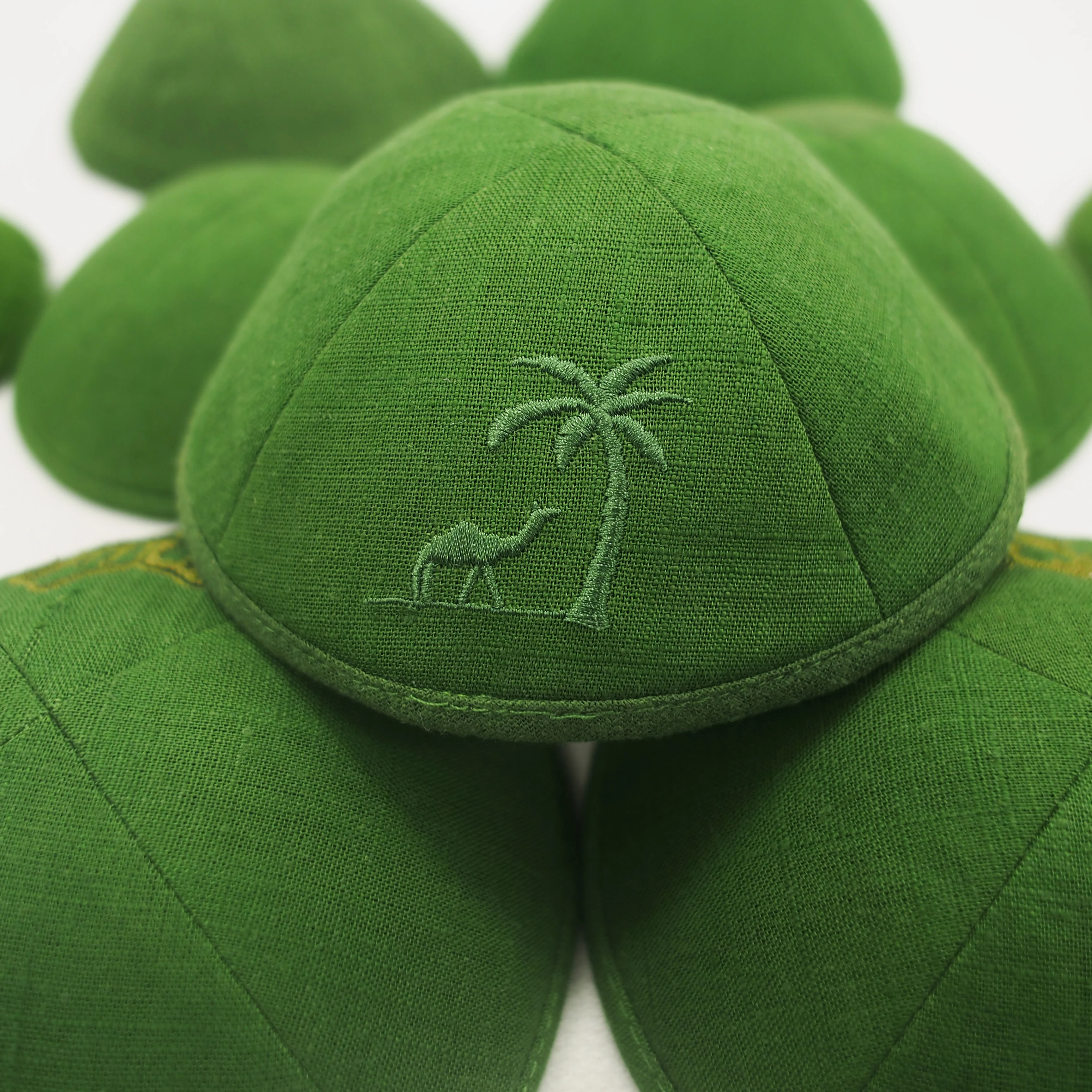 

Green customized embroidered linen kippah, Jewish Ahava, customizable for weddings, barbat mitzvahs, and Jewish gifts