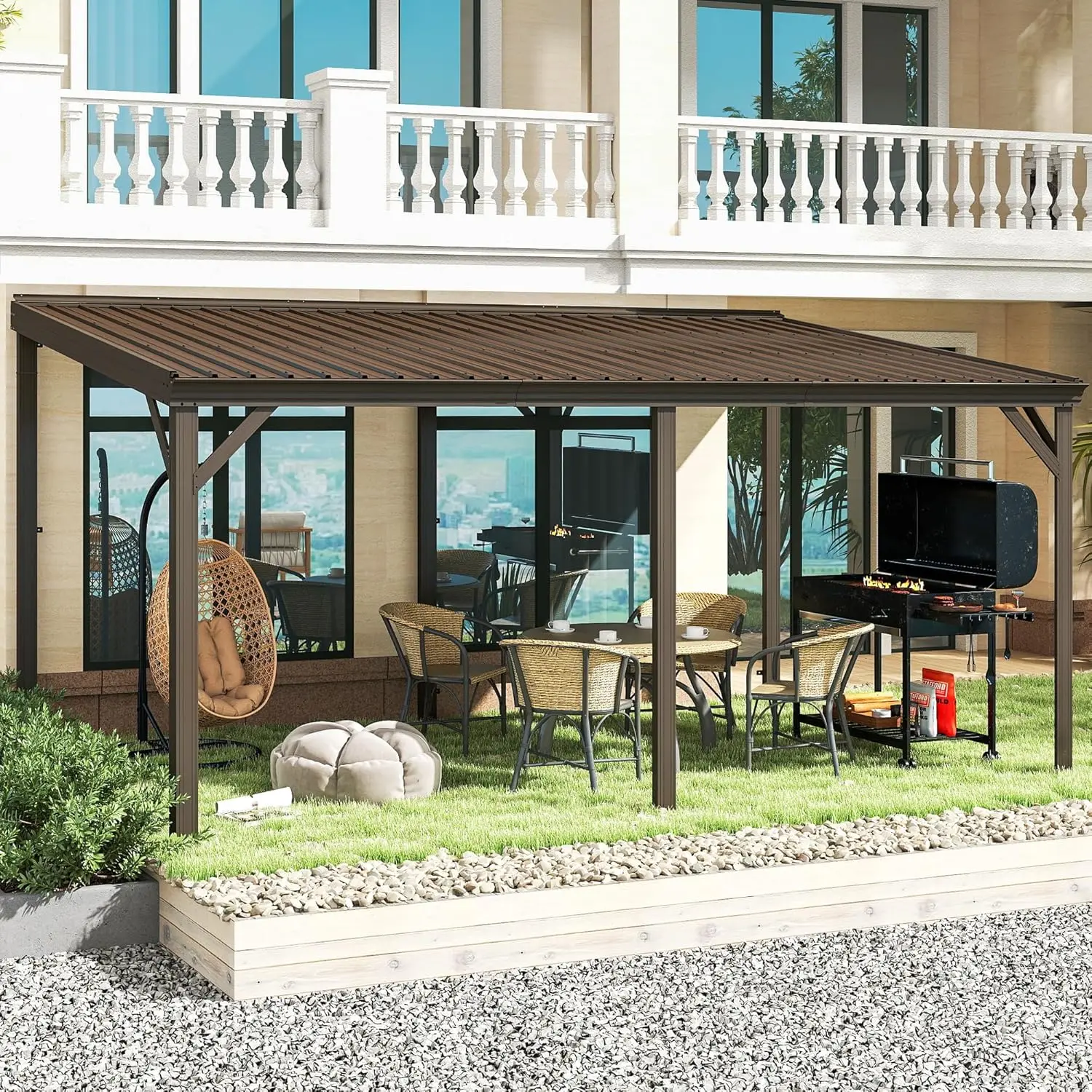 

！@12 X 16 FT Lean to Gazebo, Wall Mounted Gazebo with Built-in Drainage, Galvanized Steel Roof, Hardtop Patio, Brown